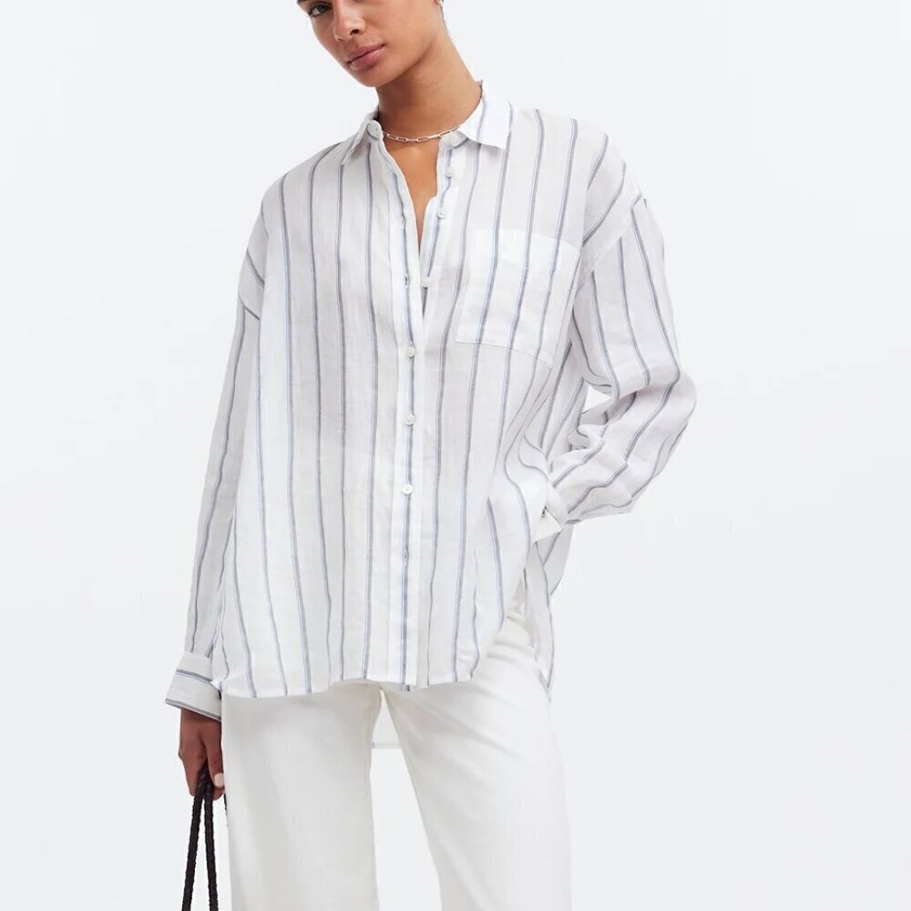 Madewell The Oversized Shirt Semi-Sheer White Stripes Size S NWT
